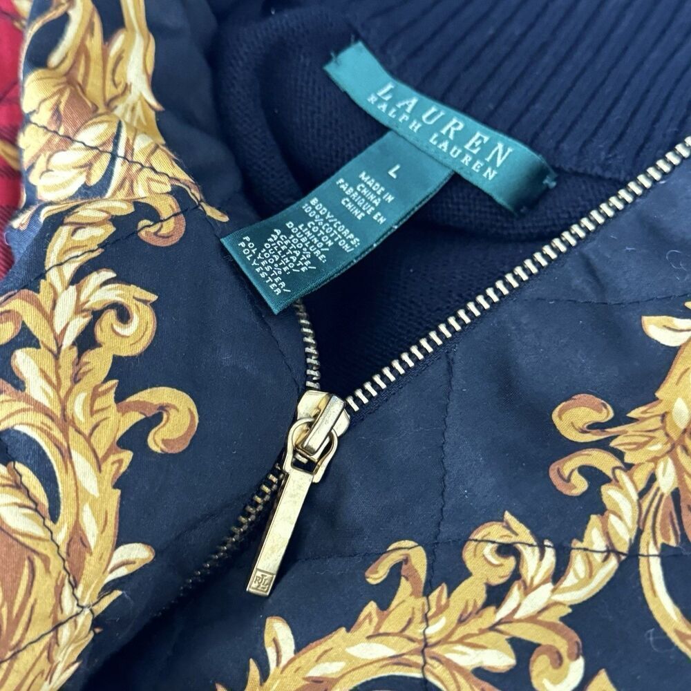 Ralph Lauren Sz L Black Knit Gold Baroque Cotton Quilted Front Zip Cardigan - Picture 11 of 13